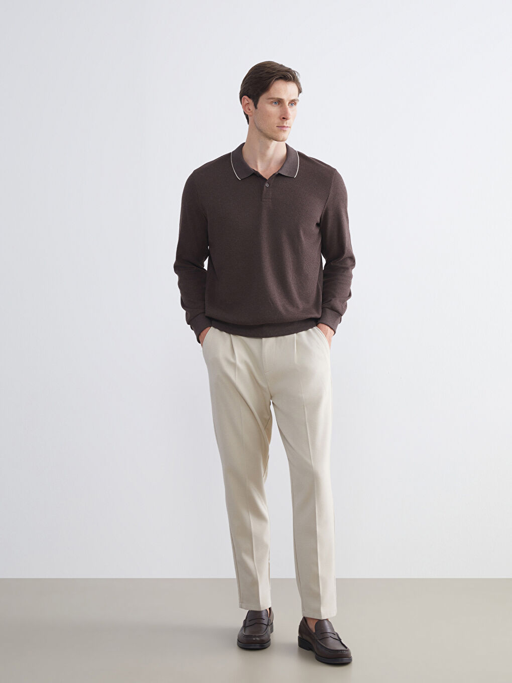 Kahverengi Polo Yaka Erkek Sweatshirt-1