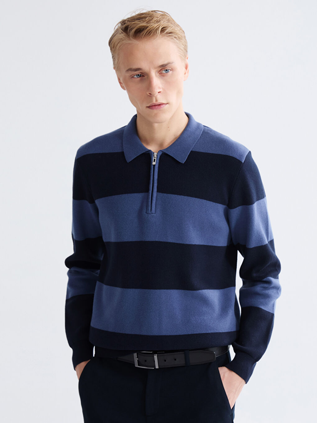 Polo Neck Striped Men's Knitwear Sweater
