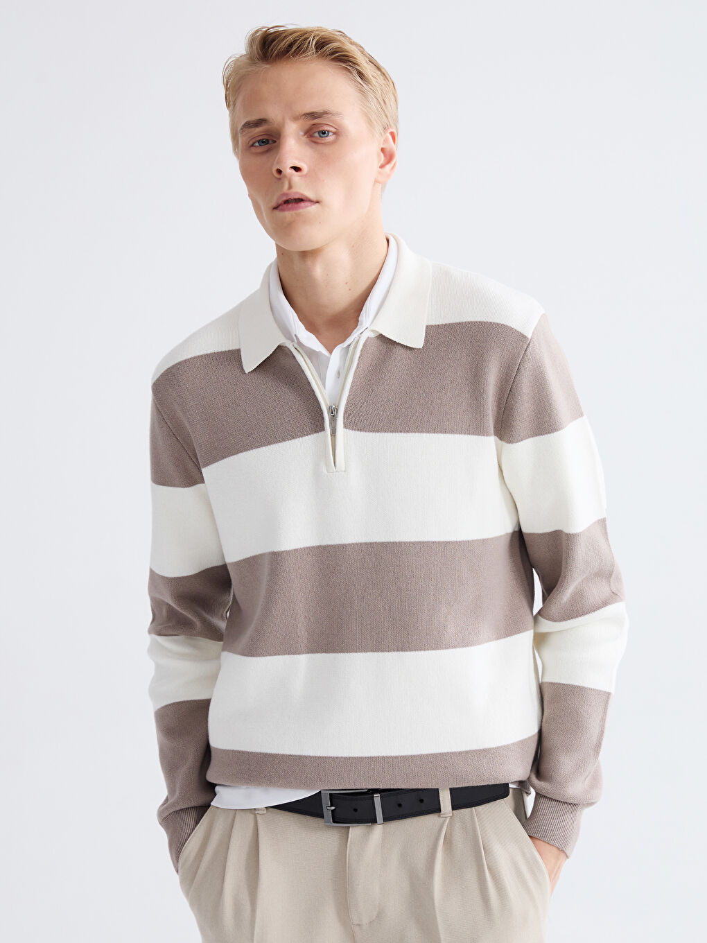 Polo Neck Striped Men's Knitwear Sweater