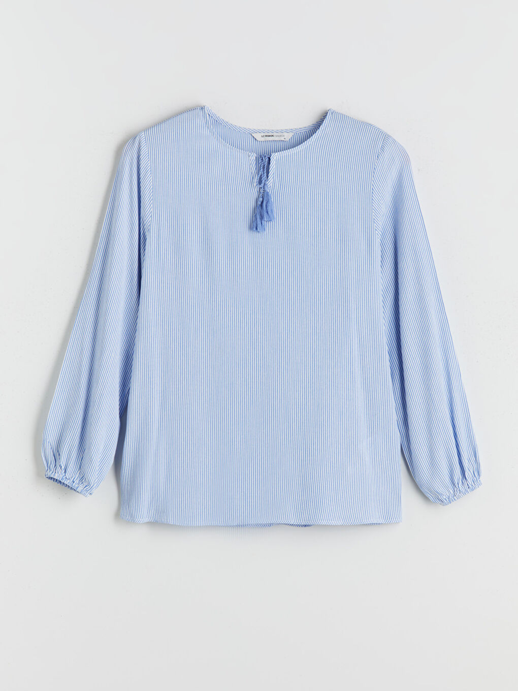 Mavi Bağlamalı Yaka Çizgili Bluz-5