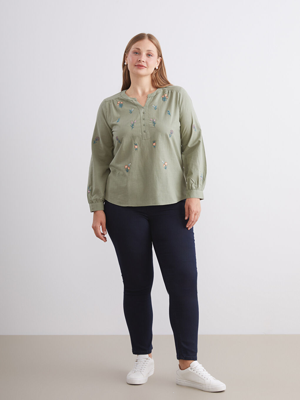 Notch Neck Floral Embroidered Blouse-1