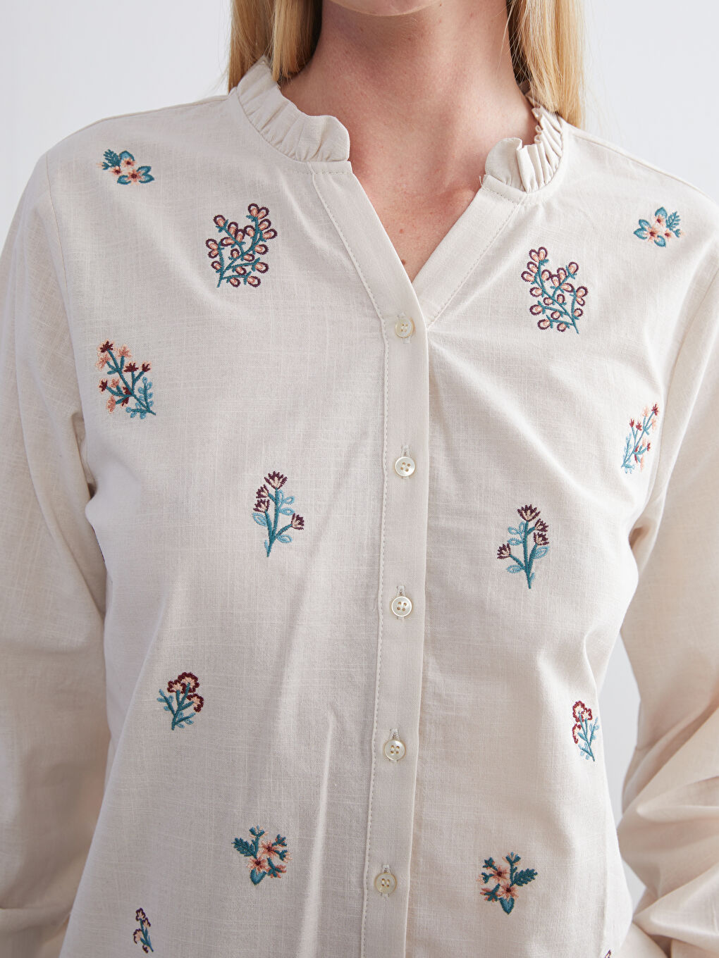 Frilled Notch Neck Floral Embroidered Blouse-3