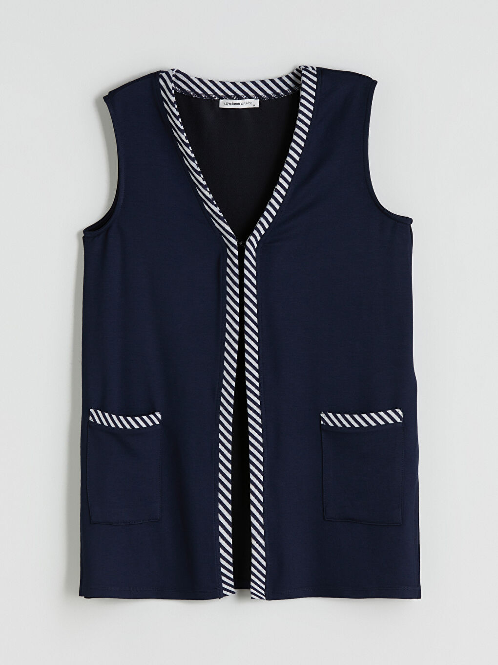 Lacivert V Yaka Çizgili Kadın Yelek-2