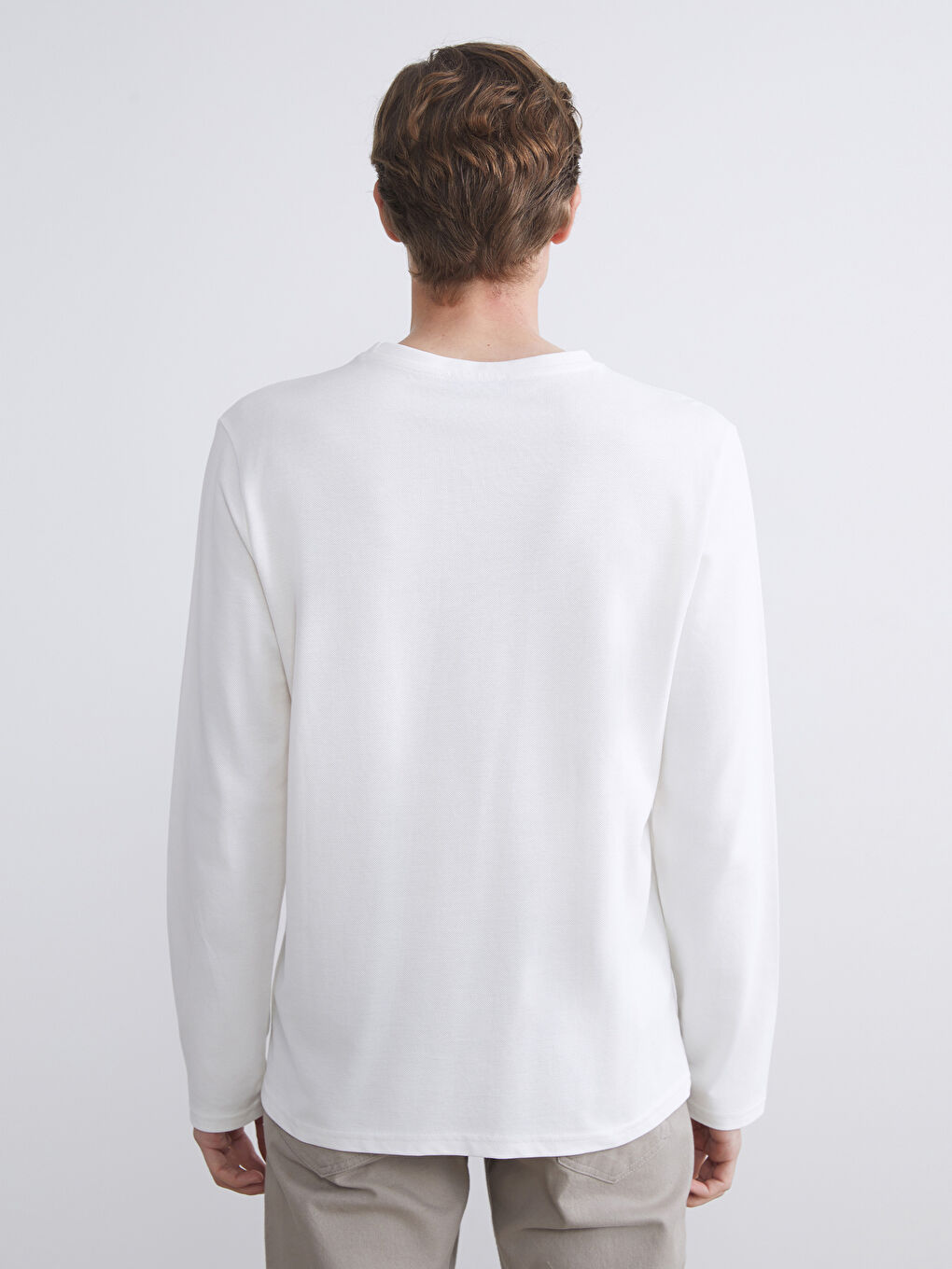 Beyaz Bisiklet Yaka Uzun Kollu Baskılı Penye Erkek Tişört-3