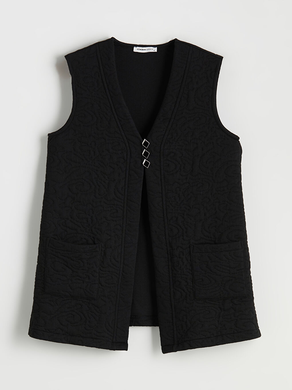 Siyah V Yaka Kendinden Desenli Kadın Yelek-6