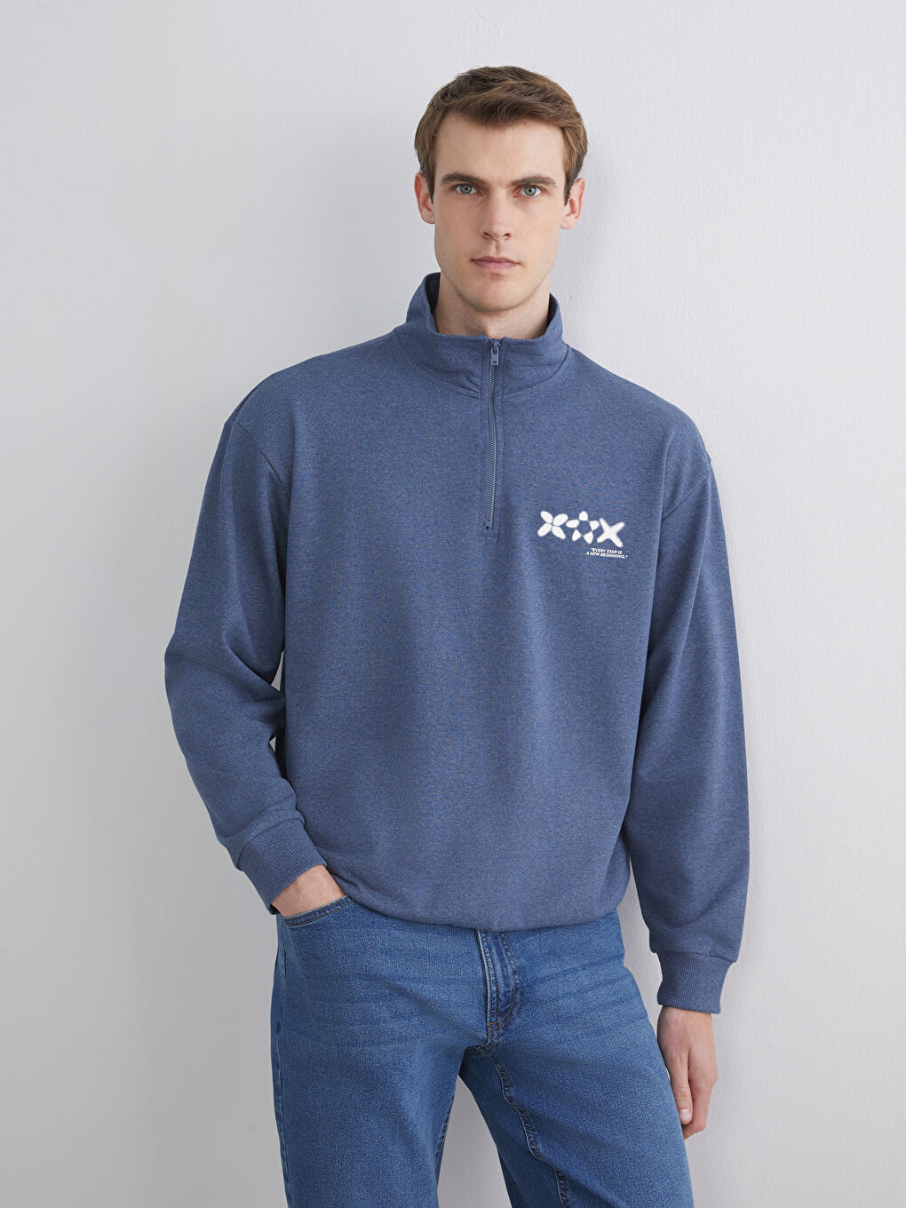 İndigo Fermuarlı Dik Yaka Erkek Sweatshirt