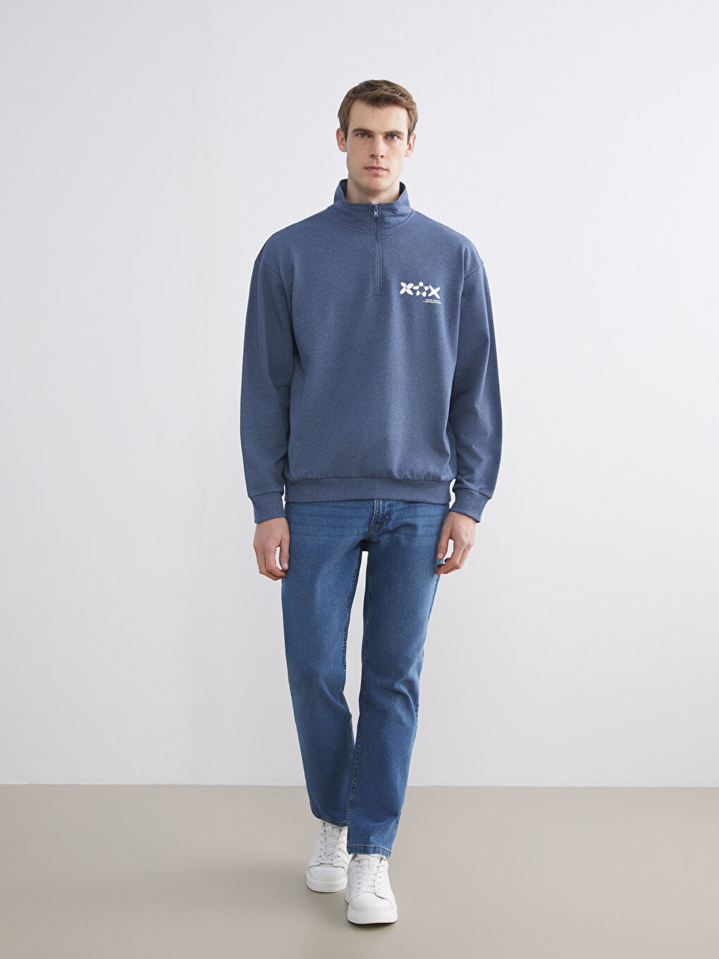 İndigo Fermuarlı Dik Yaka Erkek Sweatshirt-1