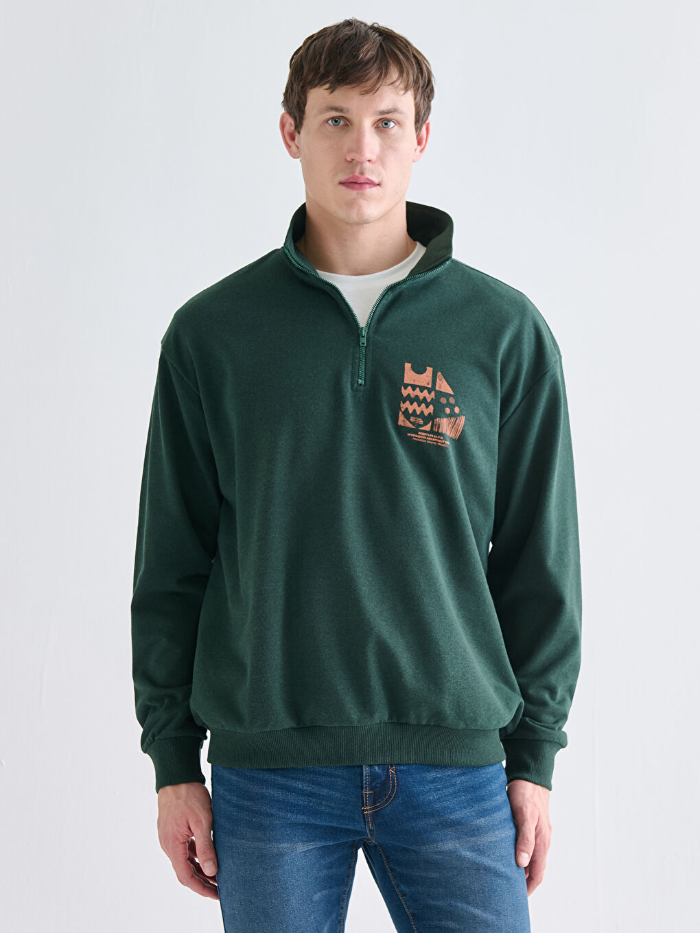 Haki Dik Yaka Baskılı Erkek Sweatshirt
