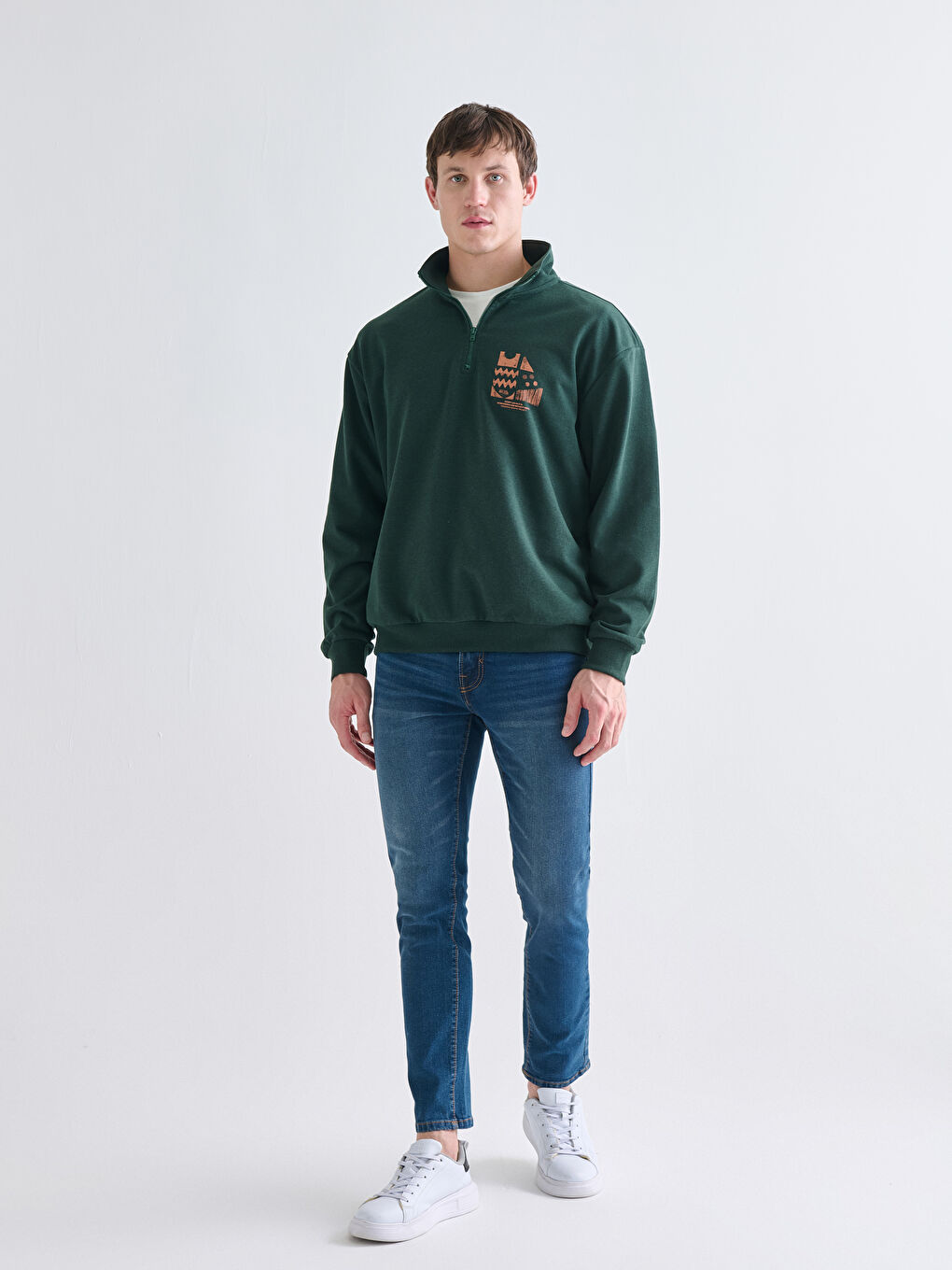 Haki Dik Yaka Baskılı Erkek Sweatshirt-1