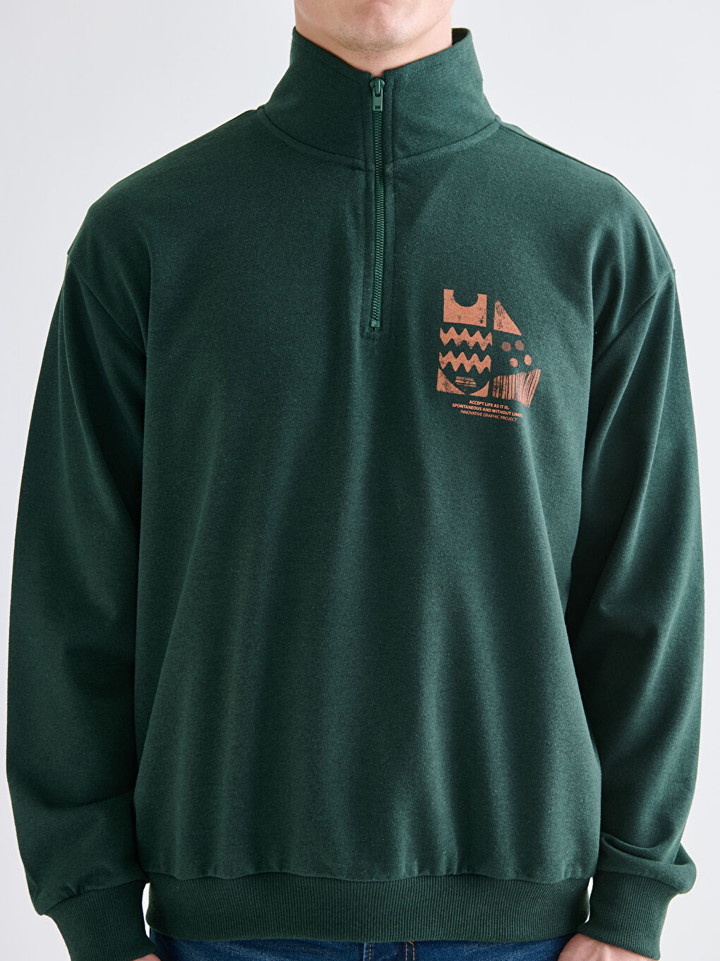 Haki Dik Yaka Baskılı Erkek Sweatshirt-2