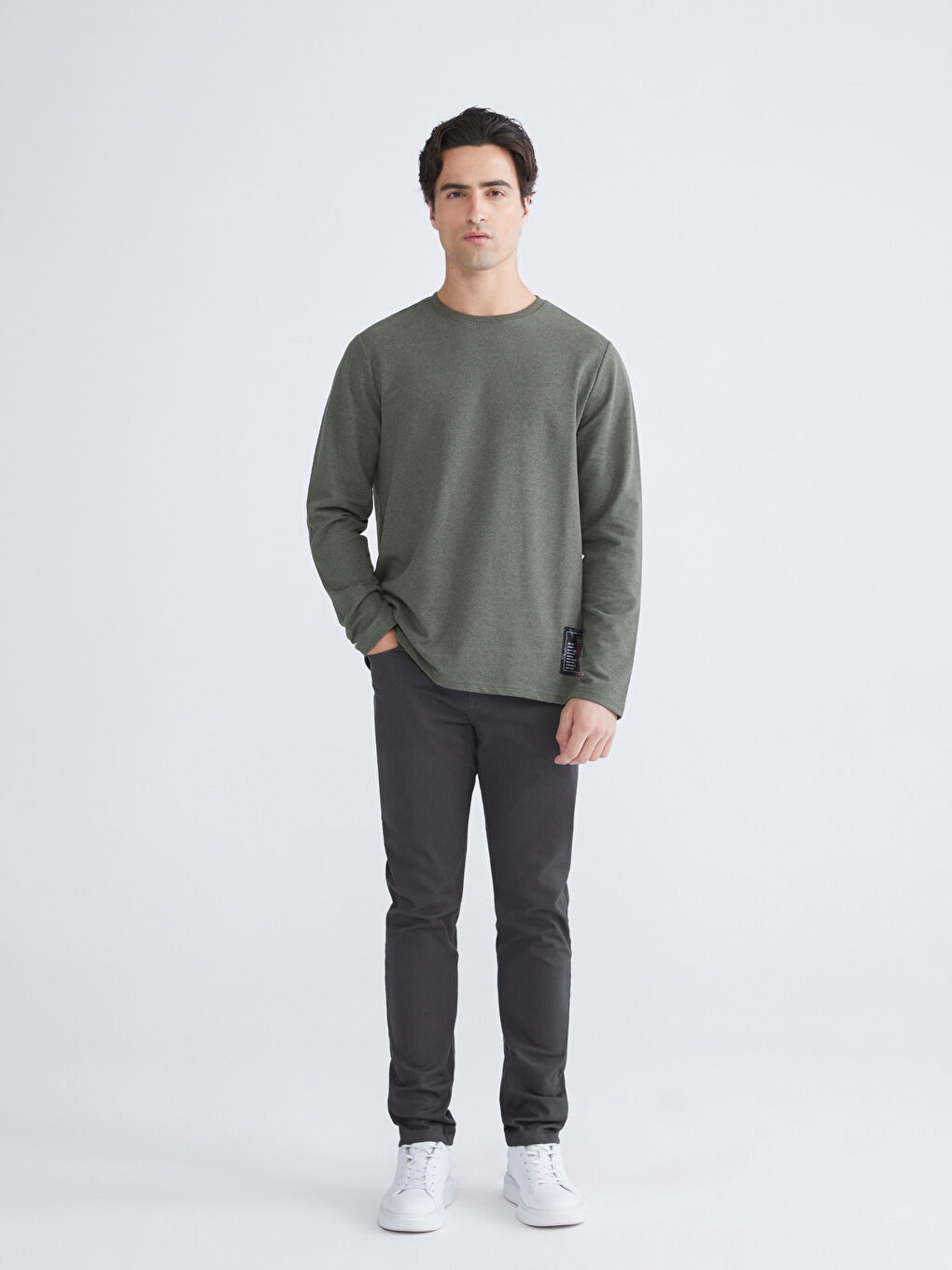 Haki Bisiklet Yaka Uzun Kollu Baskılı Erkek Tişört-1