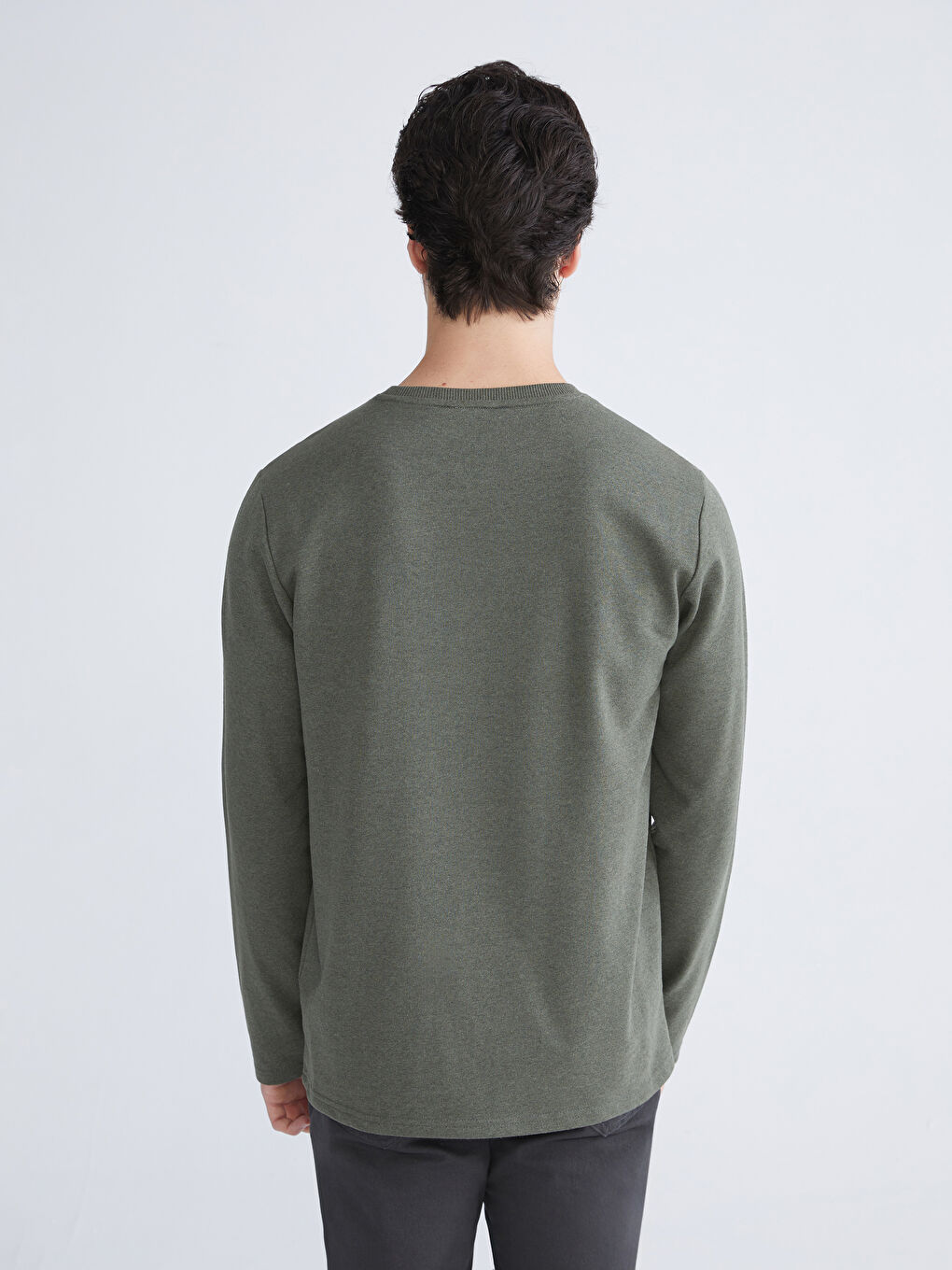 Haki Bisiklet Yaka Uzun Kollu Baskılı Erkek Tişört-3