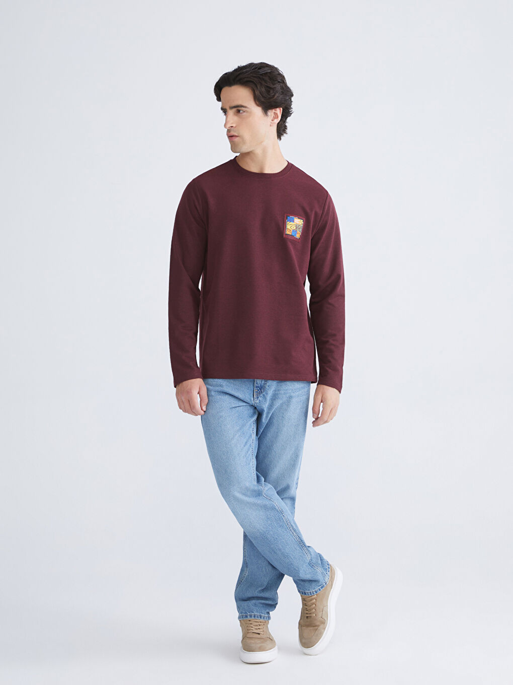 Bordo Bisiklet Yaka Uzun Kollu Baskılı Erkek Tişört-1