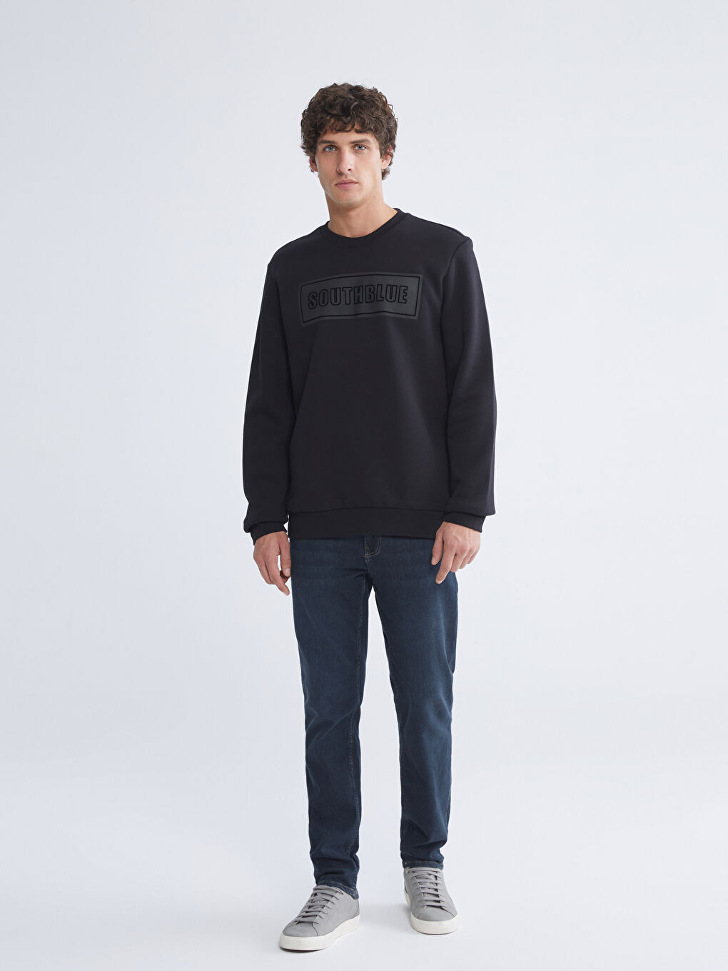 Siyah Bisiklet Yaka Baskılı Erkek Sweatshirt-1