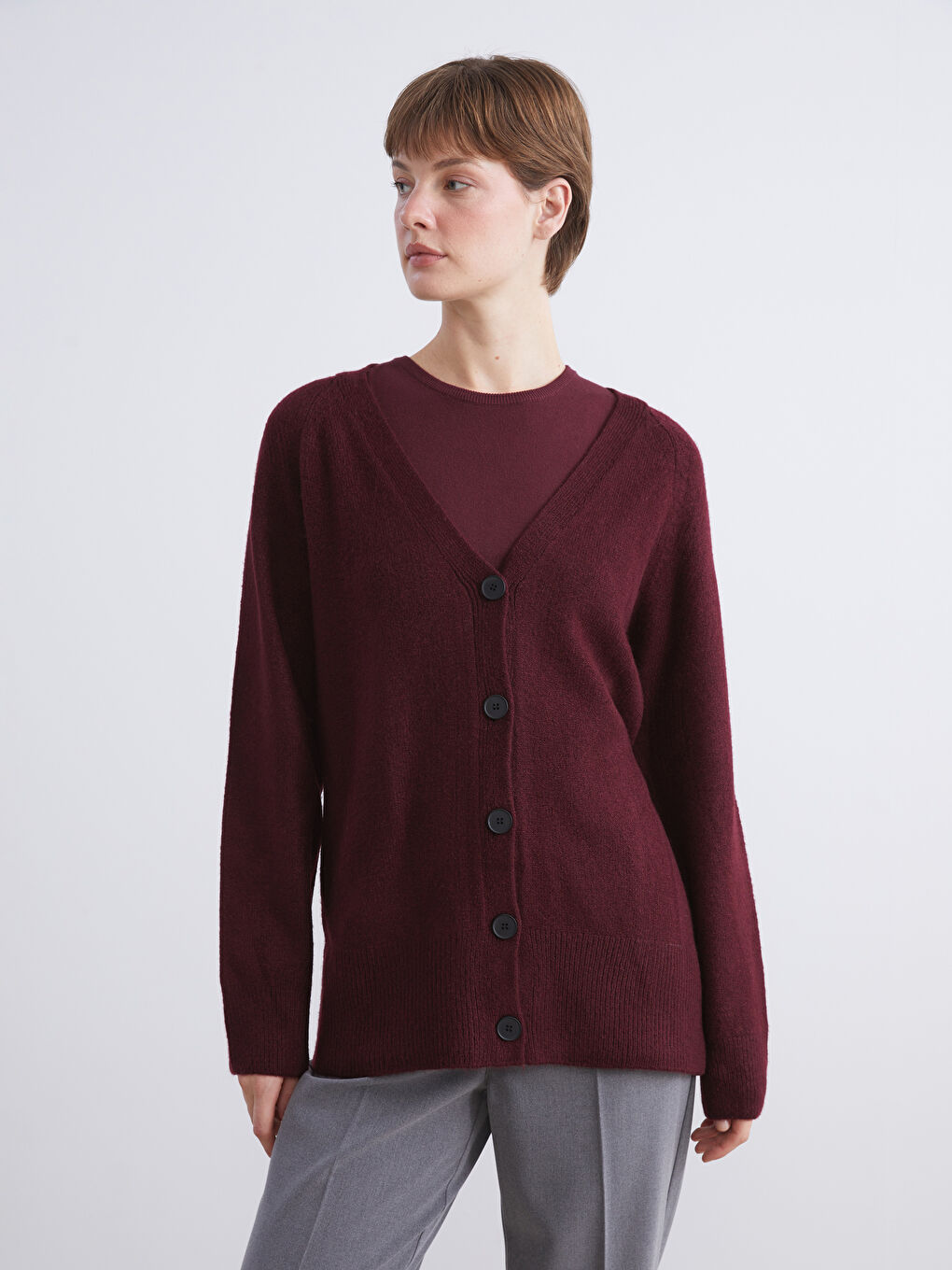 Bordo V Yaka Kadın Triko Hırka