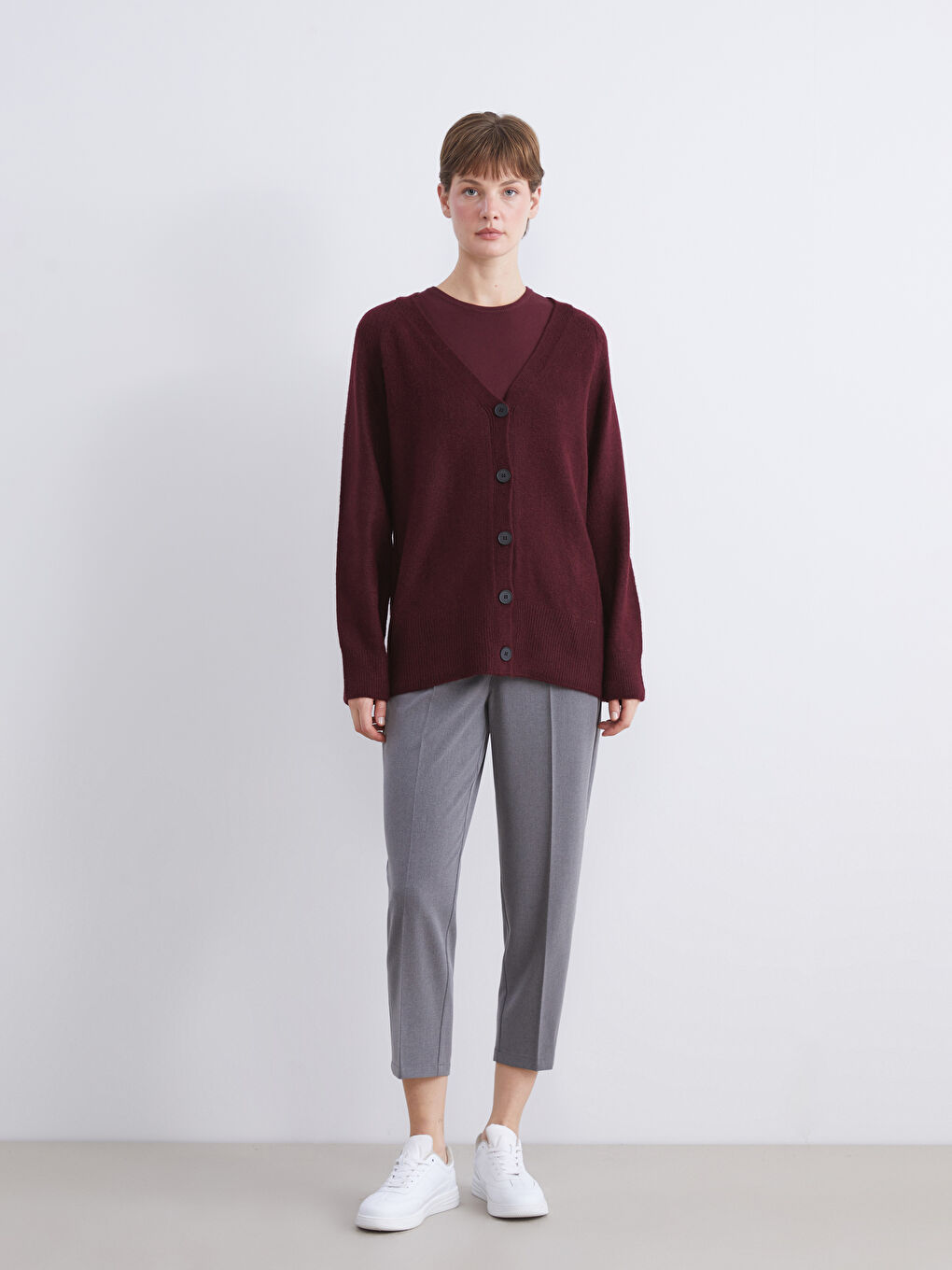 Bordo V Yaka Kadın Triko Hırka-1