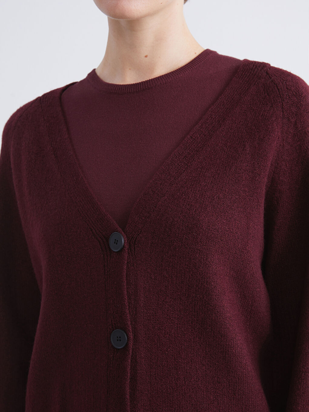 Bordo V Yaka Kadın Triko Hırka-2