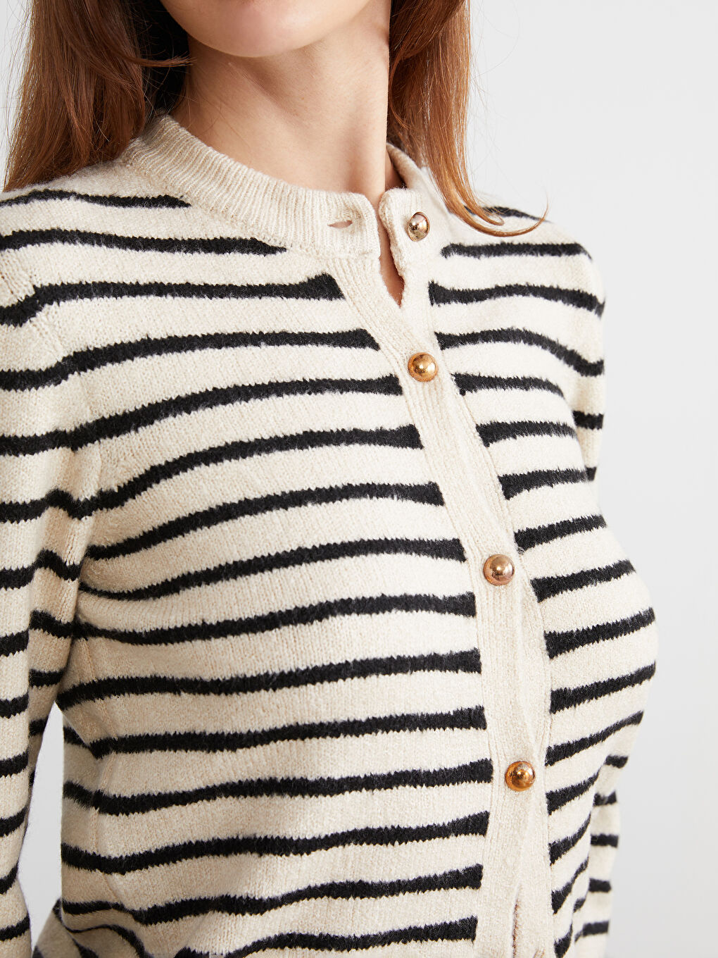 Bej Bisiklet Yaka Çizgili Kadın Triko Hırka-2