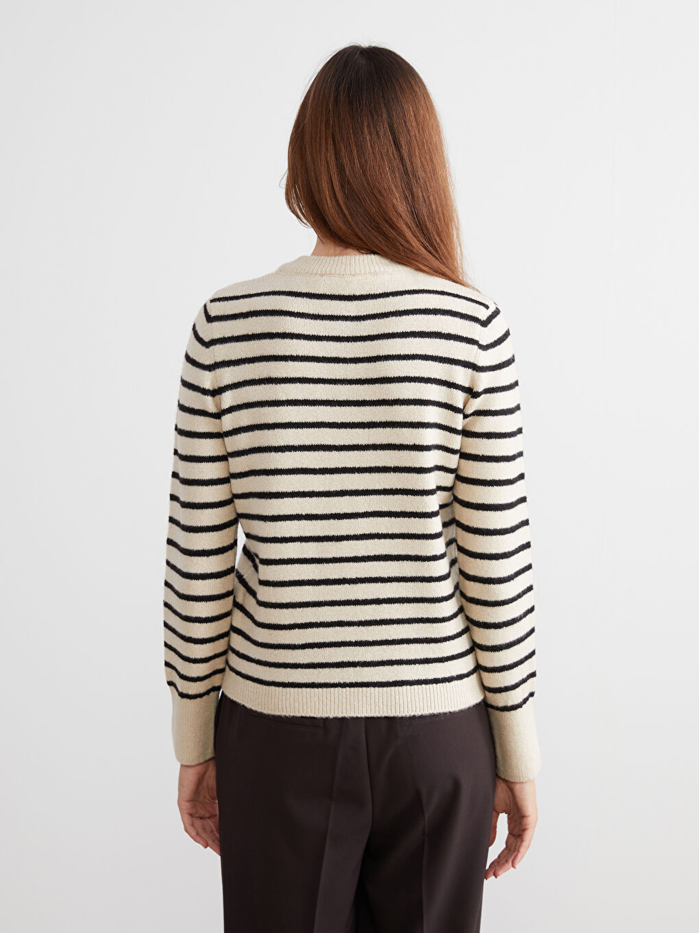 Bej Bisiklet Yaka Çizgili Kadın Triko Hırka-3