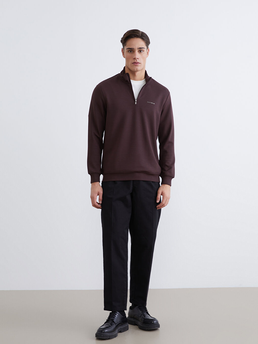 Kahverengi Fermuarlı Dik Yaka Erkek Sweatshirt-1