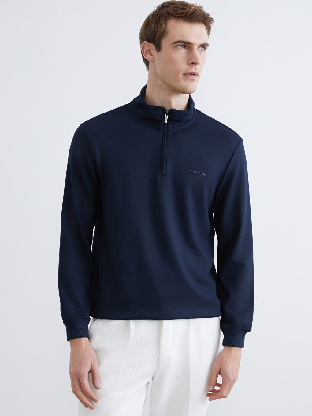 Lacivert Fermuarlı Dik Yaka Erkek Sweatshirt