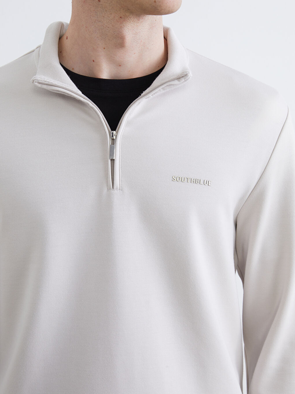 Bej Fermuarlı Dik Yaka Erkek Sweatshirt-2