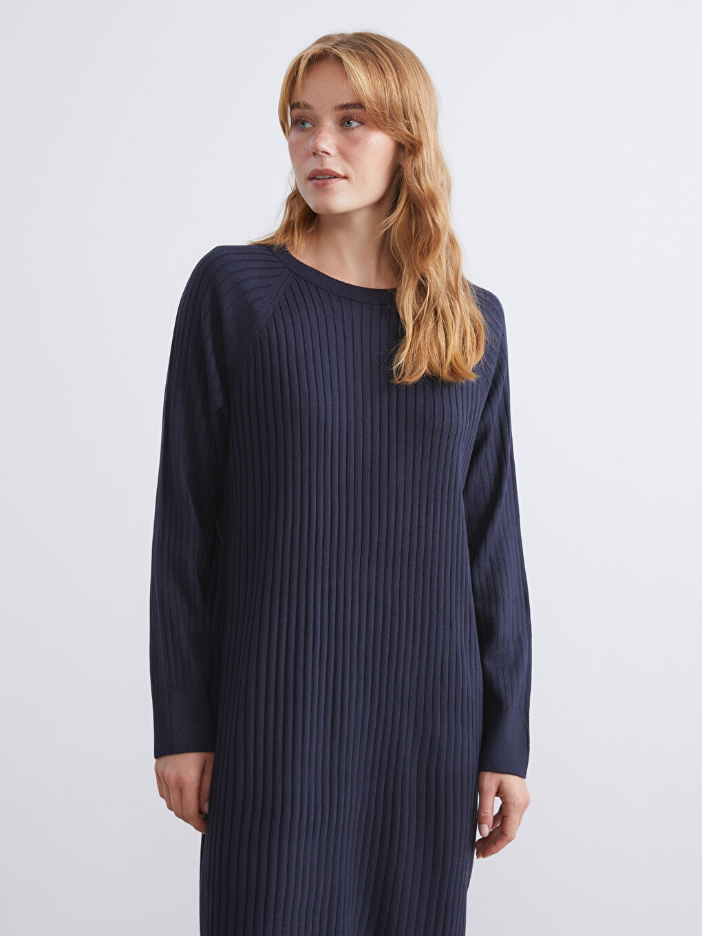 Lacivert Bisiklet Yaka Triko Elbise-1