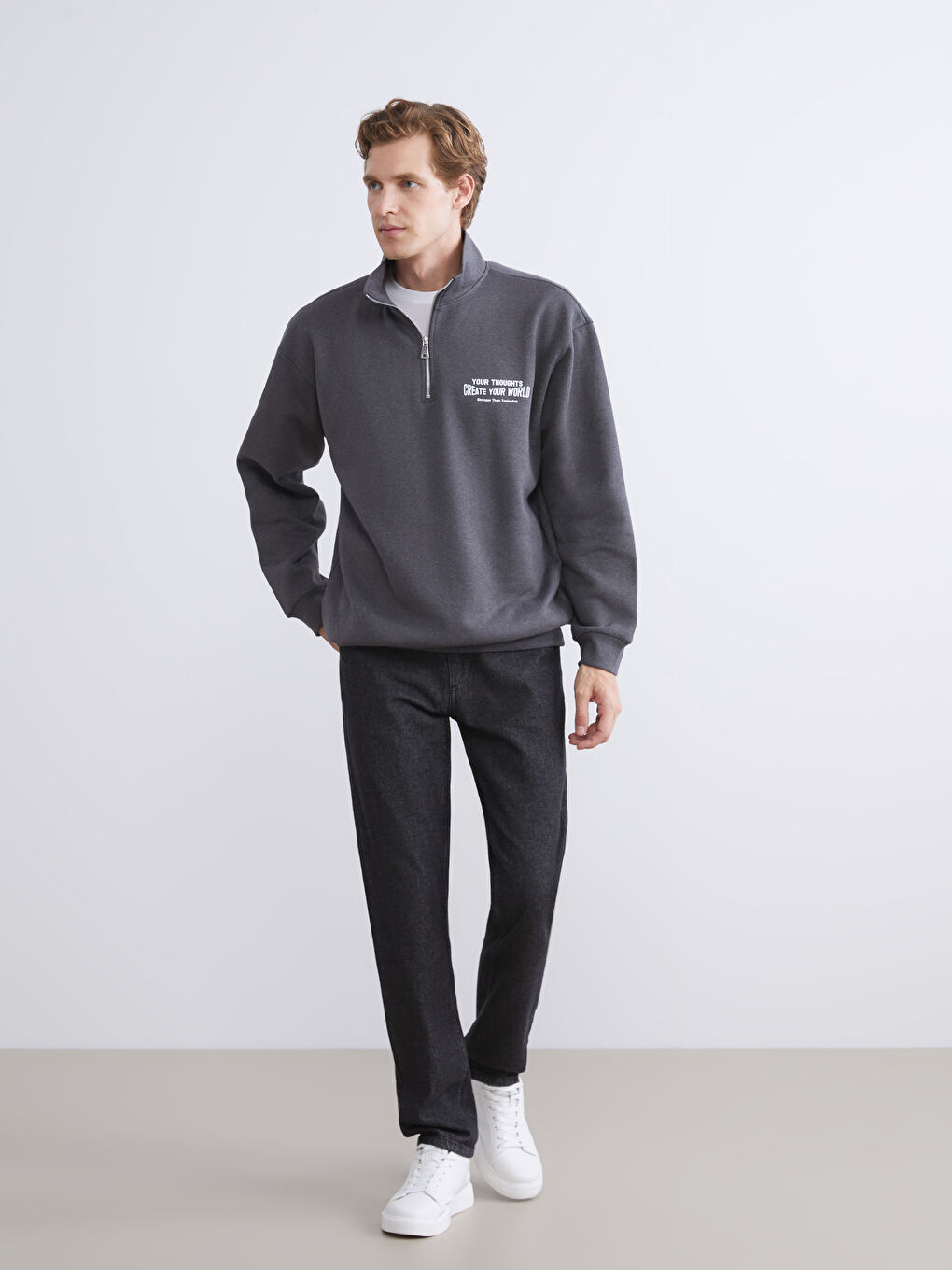 Antrasit Dik Yaka Baskılı Erkek Sweatshirt-1