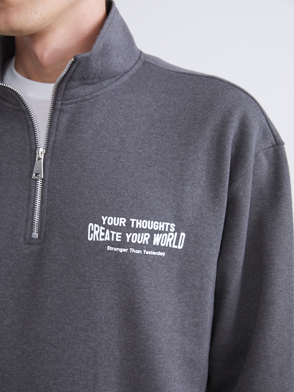 Antrasit Dik Yaka Baskılı Erkek Sweatshirt-2