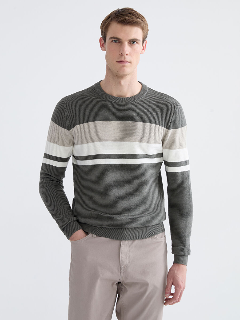 Crew Neck Striped Men's Knitwear Sweater