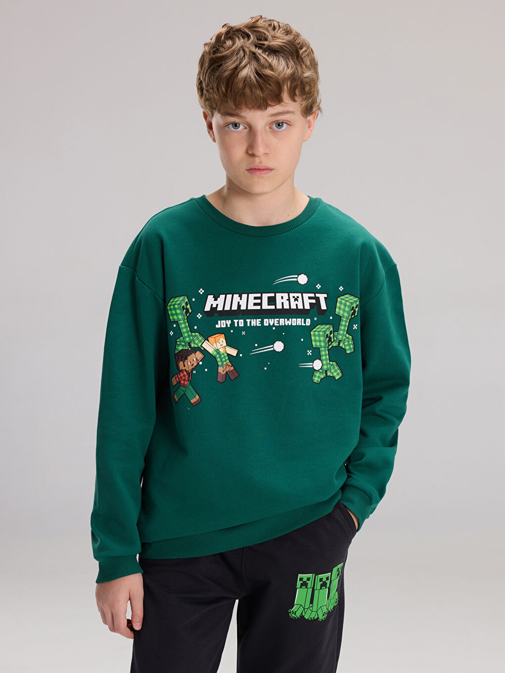 Yeşil Bisiklet Yaka Minecraft Baskılı Erkek Çocuk Sweatshirt-1