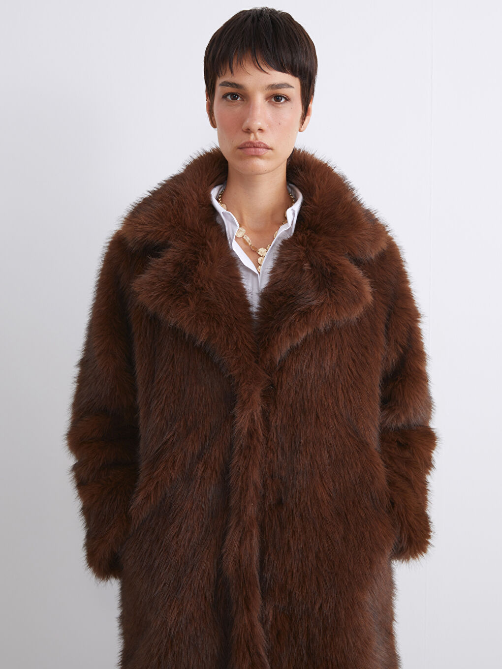 Kahverengi Ceket Yaka Kadın Kürk Kaban-4