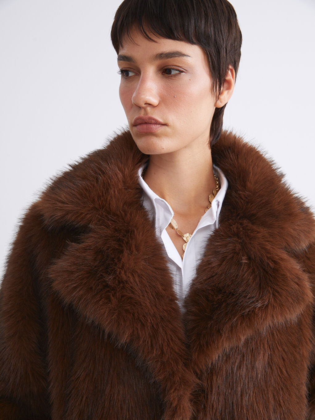 Kahverengi Ceket Yaka Kadın Kürk Kaban-6