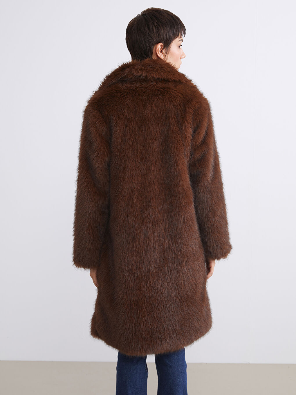 Kahverengi Ceket Yaka Kadın Kürk Kaban-7