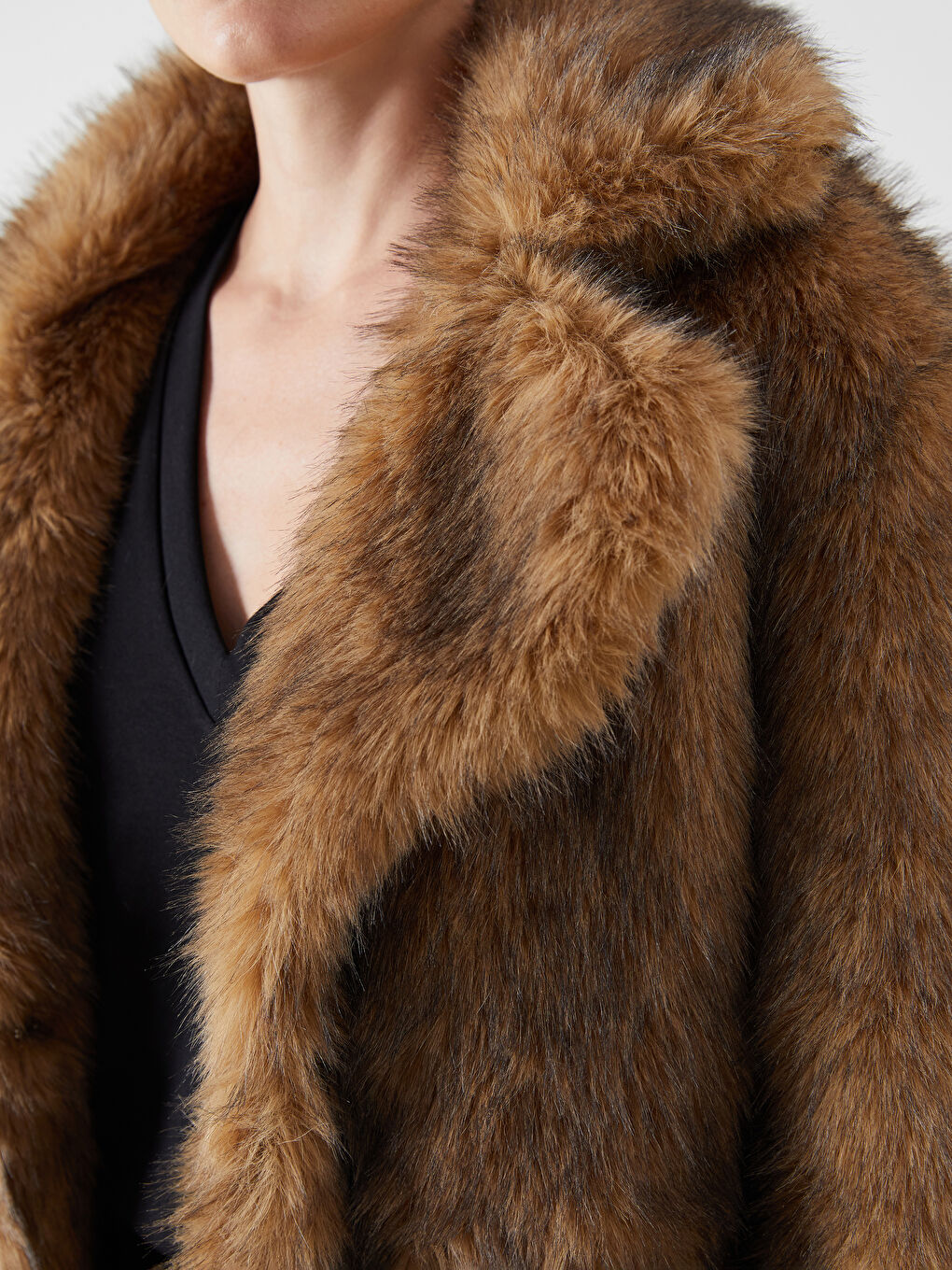 Kahverengi Ceket Yaka Kadın Kürk Kaban-4