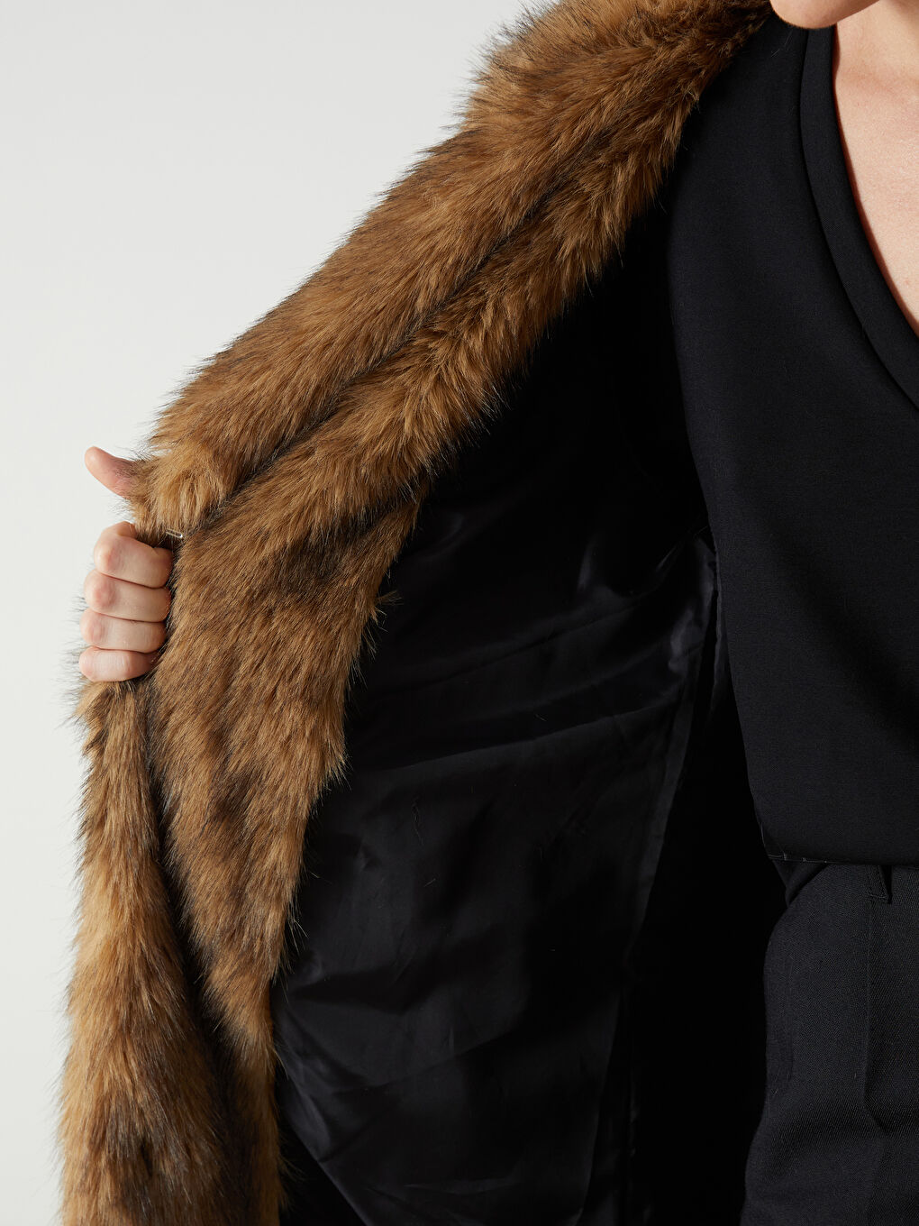 Kahverengi Ceket Yaka Kadın Kürk Kaban-5