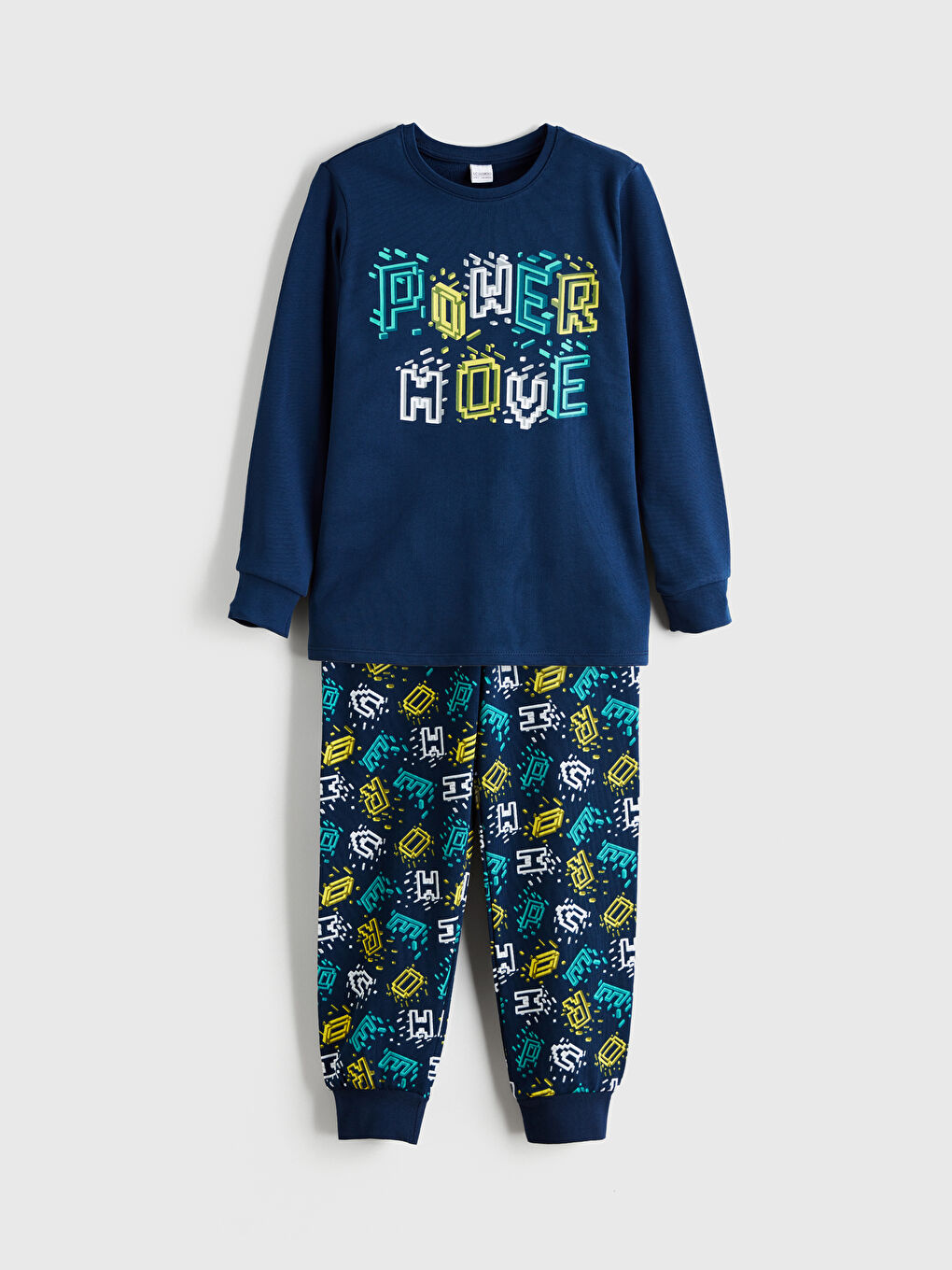 Lacivert Bisiklet Yaka Baskılı Erkek Çocuk Pijama Takımı