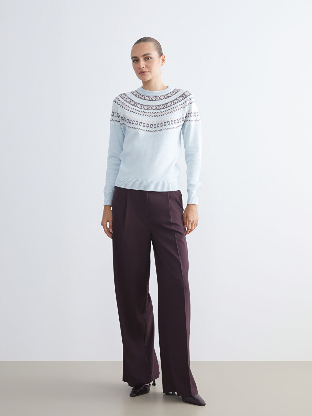 Crew Neck Patterned Women's Knitwear Sweater-1