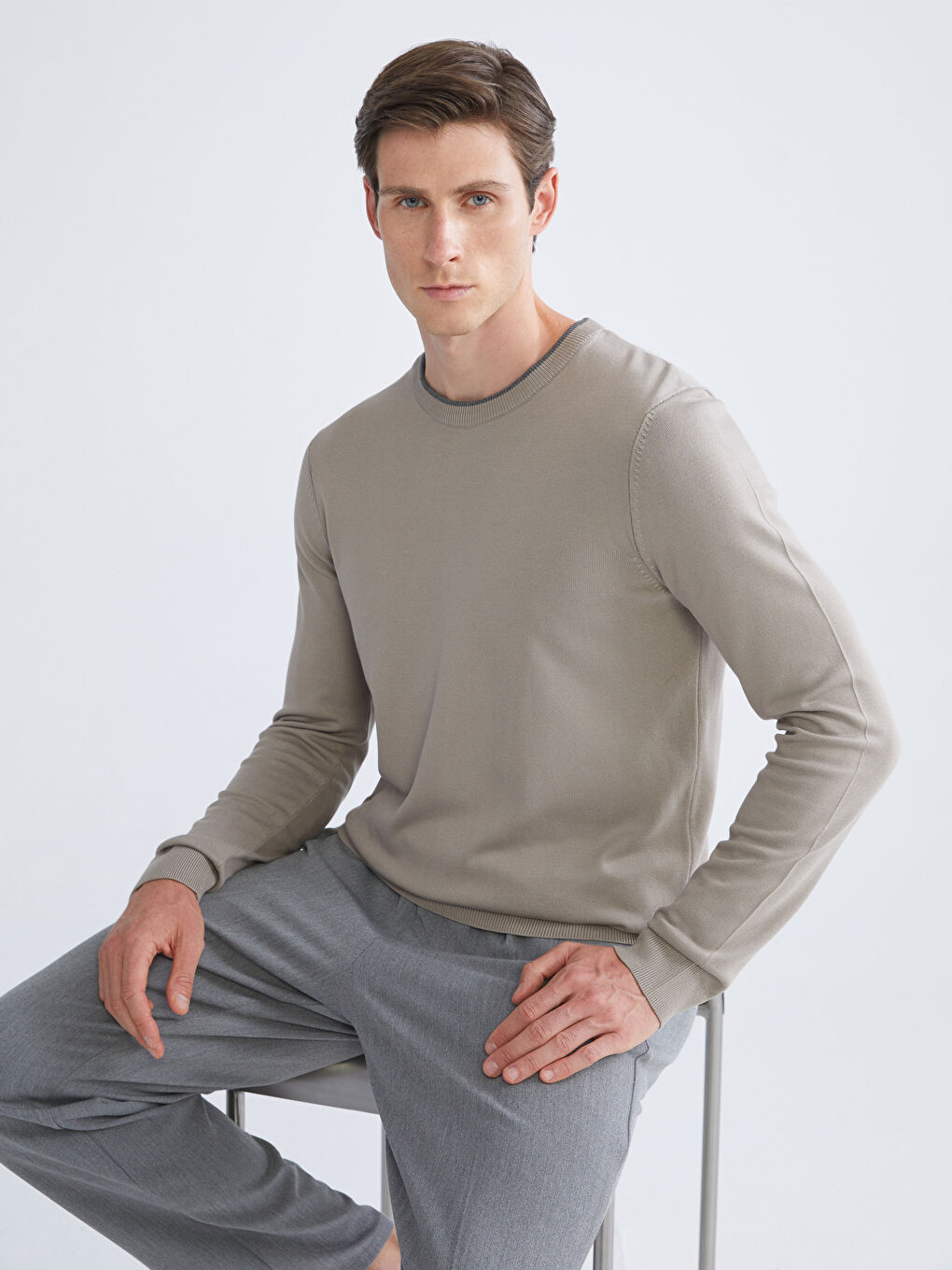 Bej Bisiklet Yaka Erkek Triko Kazak