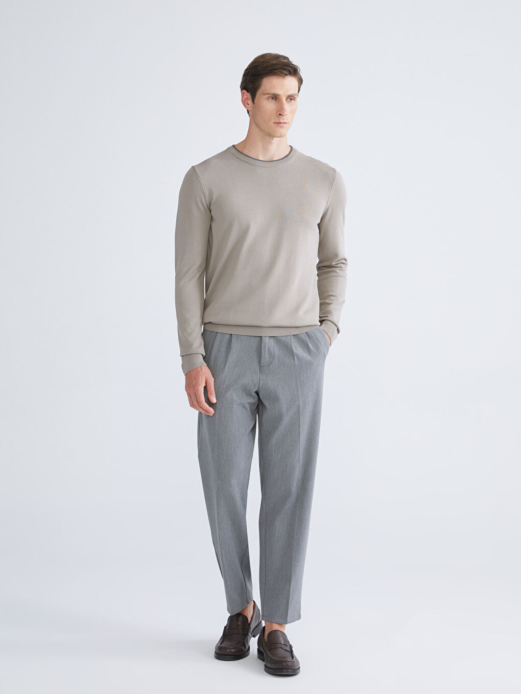 Bej Bisiklet Yaka Erkek Triko Kazak-1