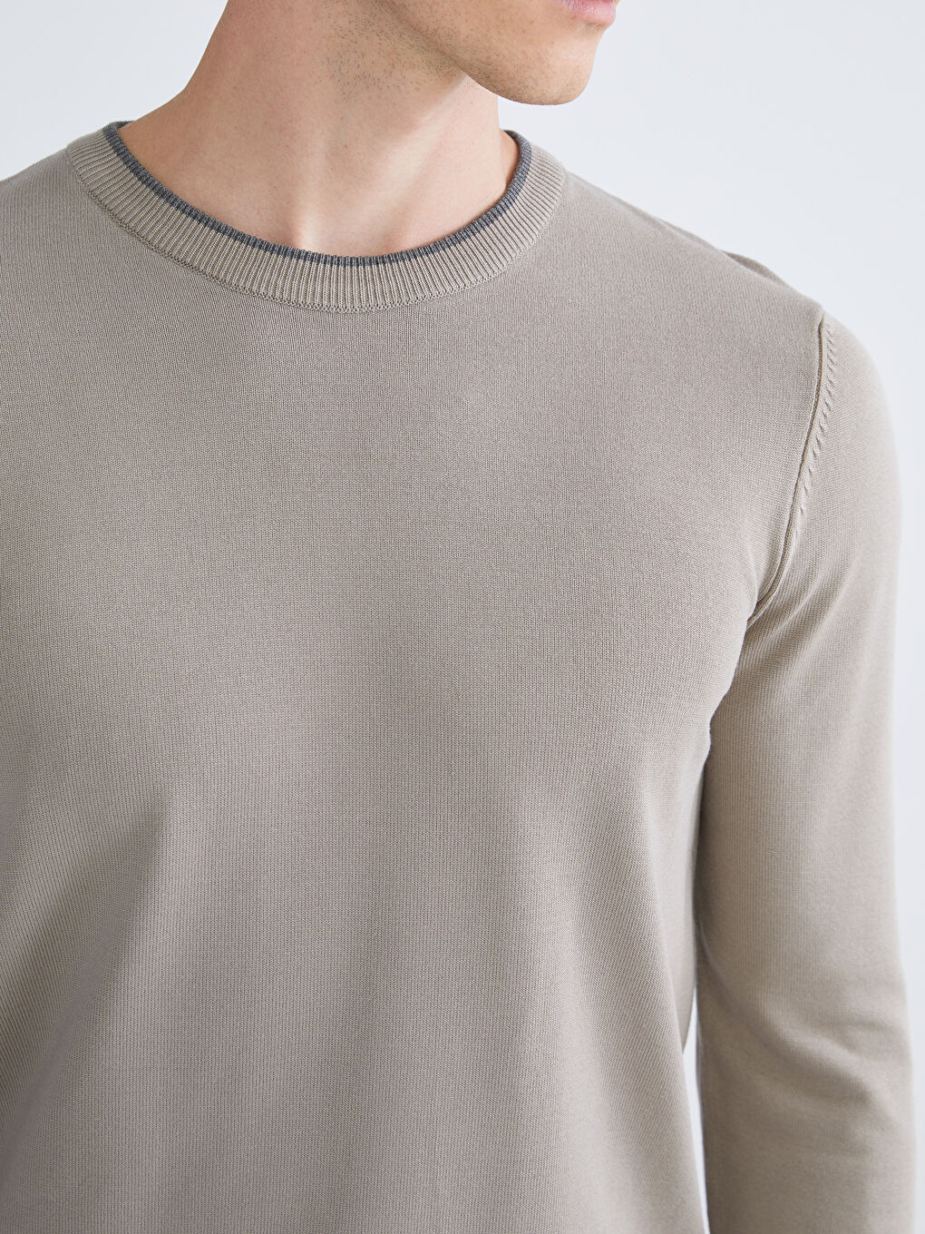 Bej Bisiklet Yaka Erkek Triko Kazak-2