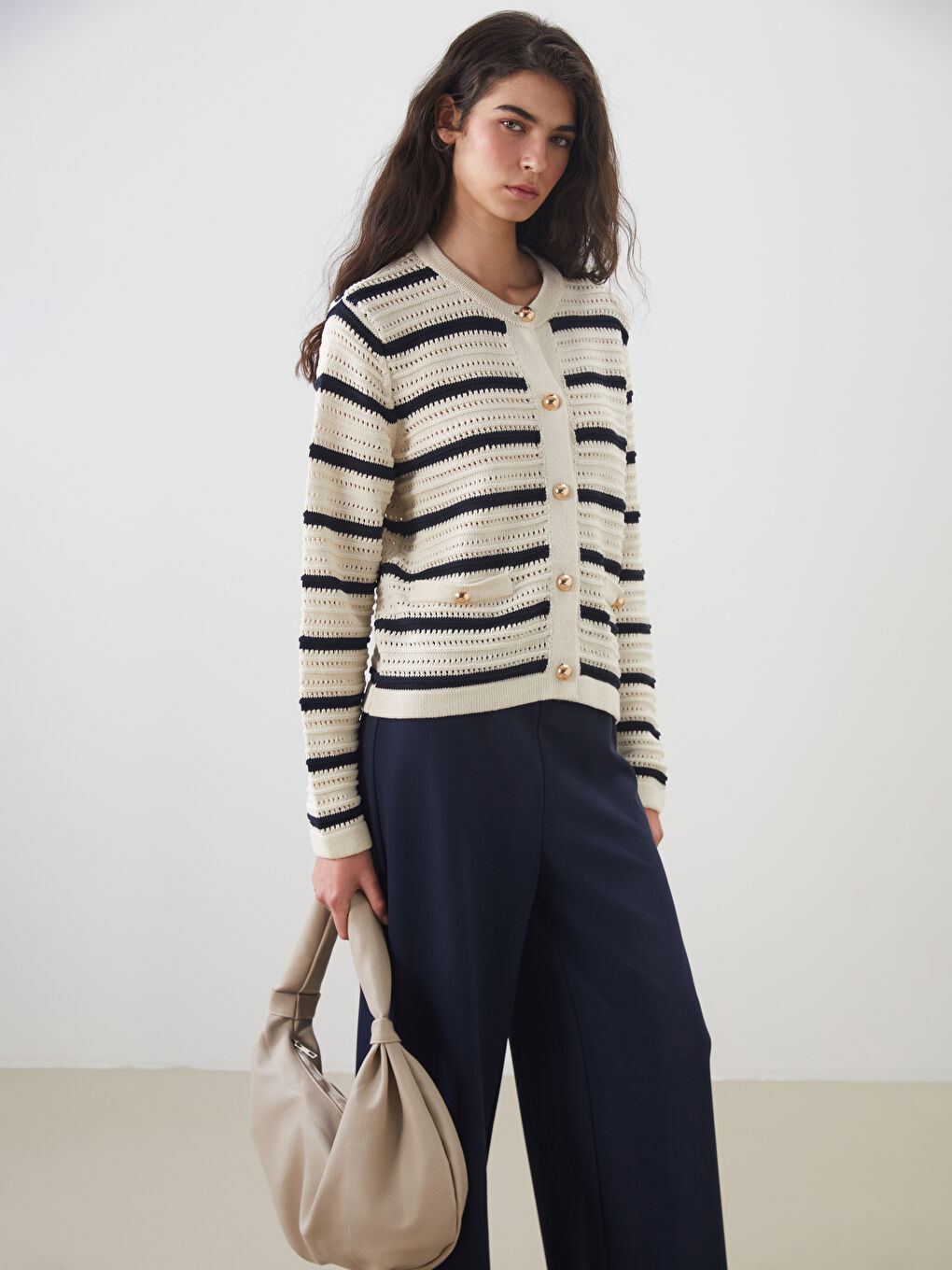 LCW Modest Crew Neck Striped Women's Knitwear Cardigan -W5GF41Z8-LGS