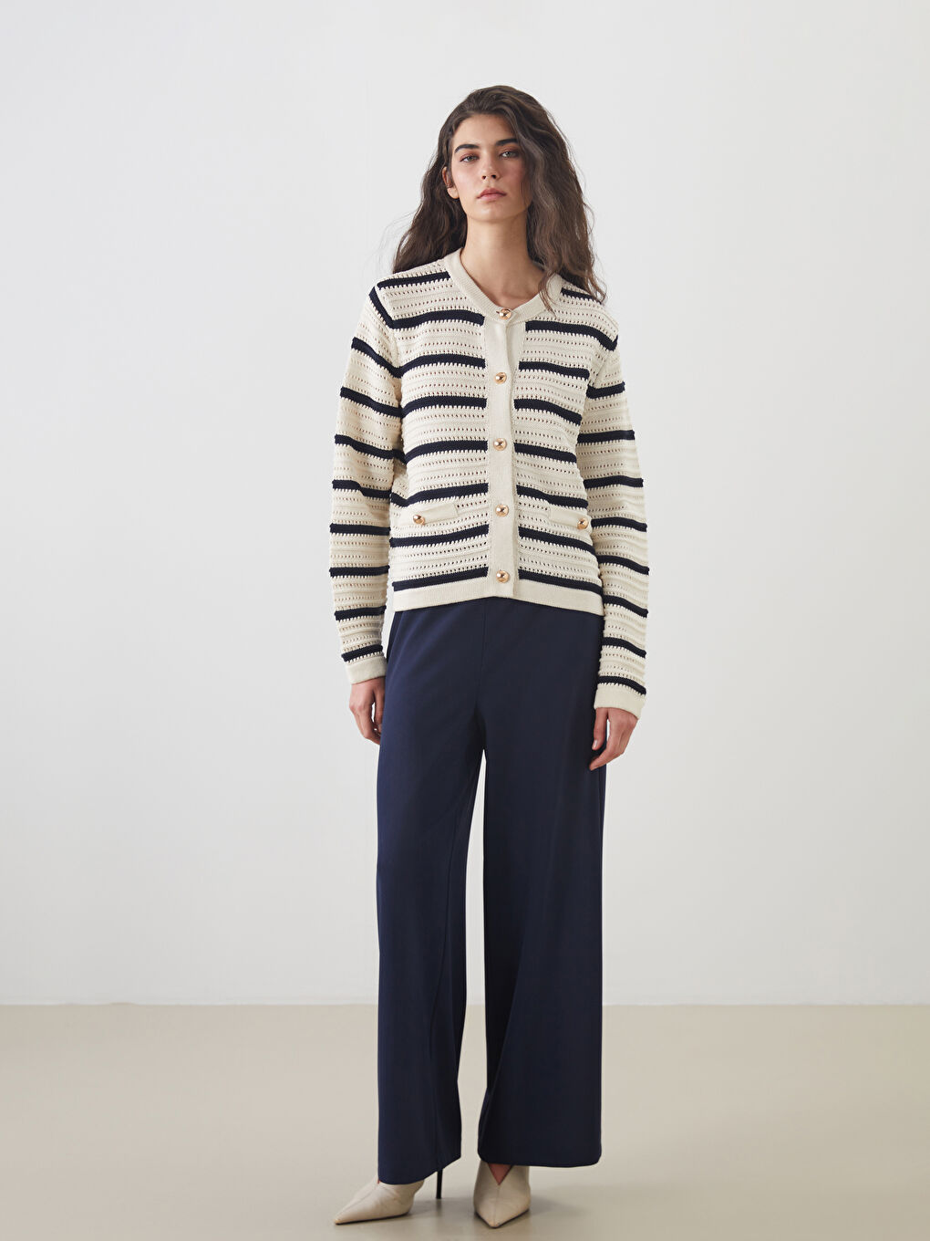 LCW Modest Crew Neck Striped Women's Knitwear Cardigan -W5GF41Z8-LGS