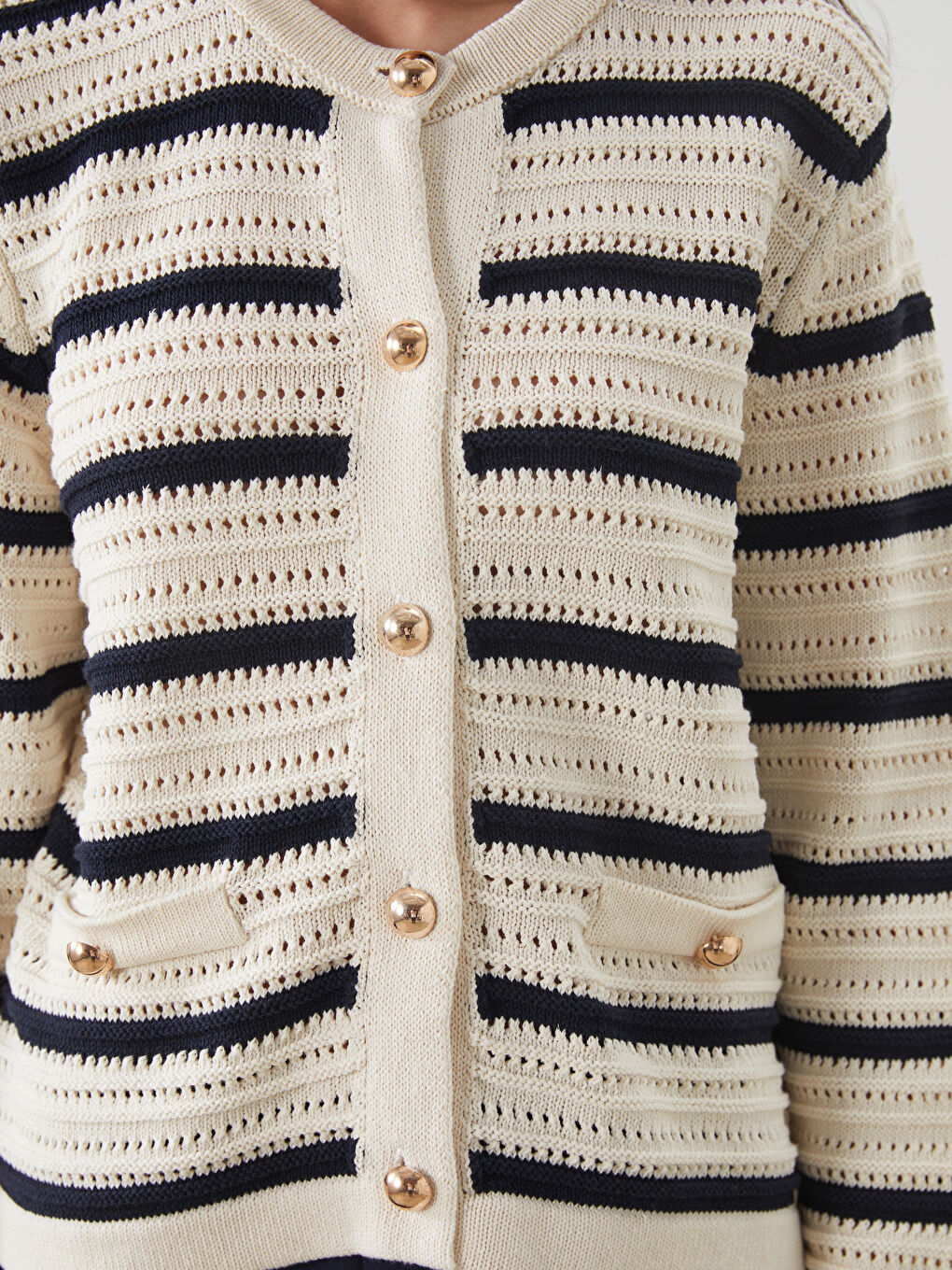 LCW Modest Crew Neck Striped Women's Knitwear Cardigan -W5GF41Z8-LGS