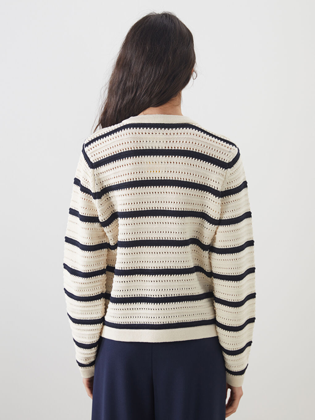 LCW Modest Crew Neck Striped Women's Knitwear Cardigan -W5GF41Z8-LGS
