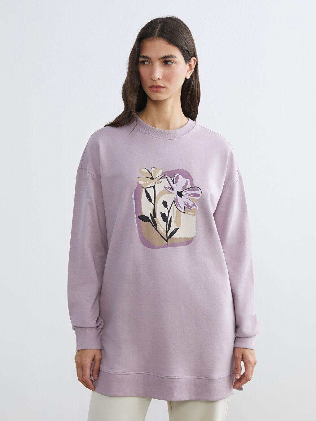Lila Çiçekli Oversize Kadın Sweatshirt Tunik