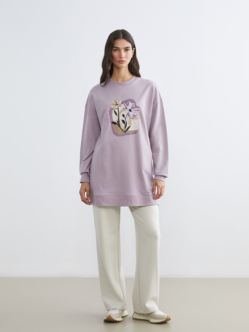 Lila Çiçekli Oversize Kadın Sweatshirt Tunik-1