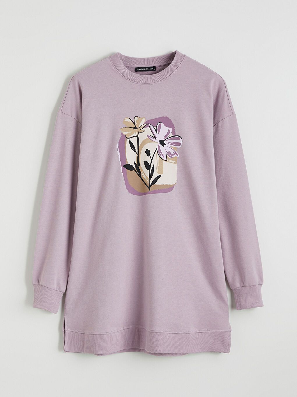 Lila Çiçekli Oversize Kadın Sweatshirt Tunik-4