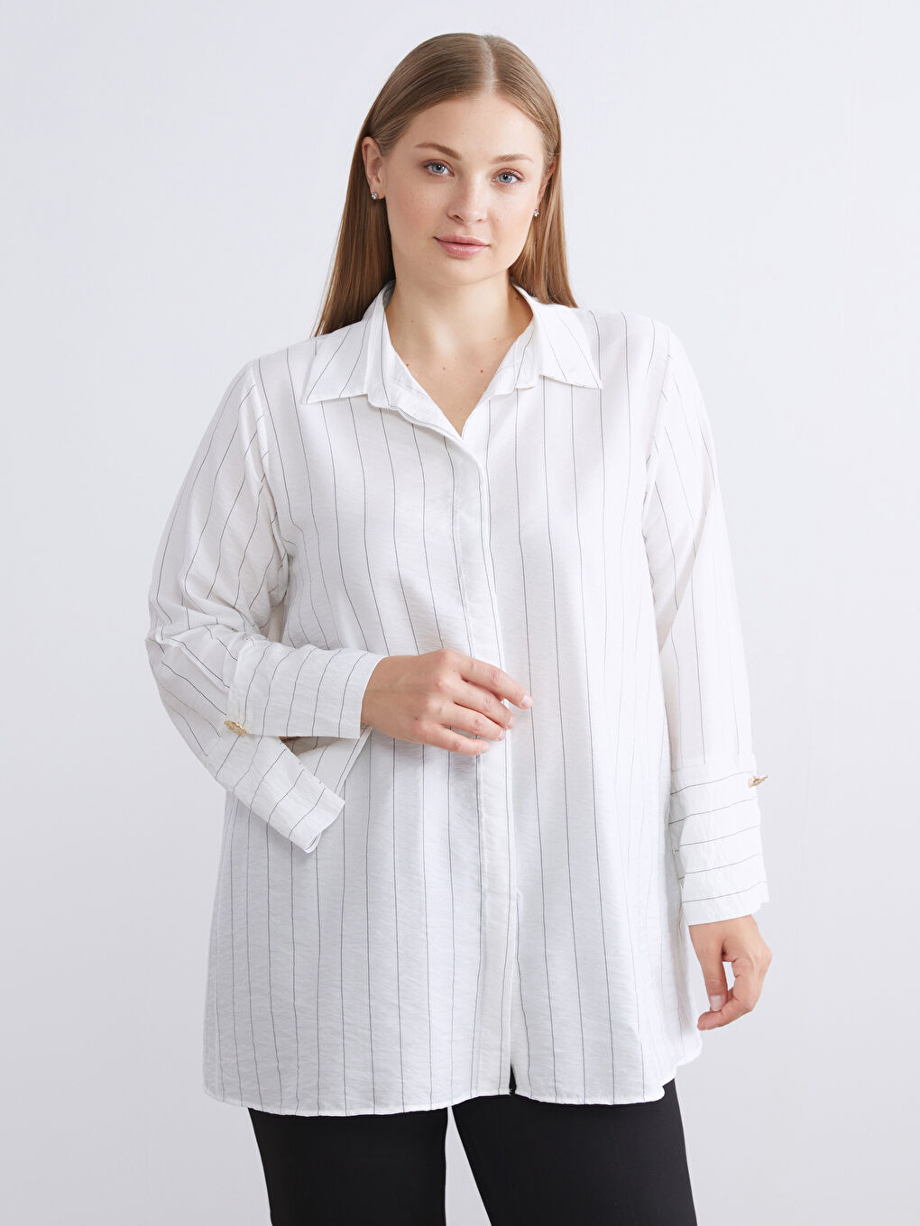 Siyah Büyük Beden Çizgili Kadın Gömlek Tunik-1