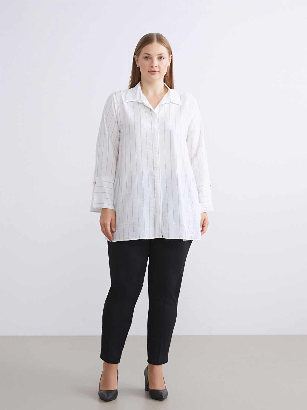 Siyah Büyük Beden Çizgili Kadın Gömlek Tunik-7